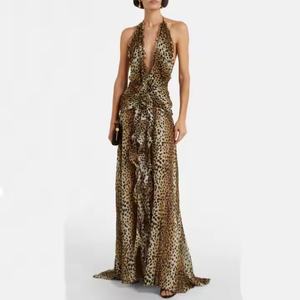 Nuevo Diseño de Vestido de Noche al por Mayor para Mujer, Vestido Sexy con Tirantes Finos de Chifón, Vestidos Modestos, Vestido Sexy con Escote en V Profundo y Estampado de Leopardo - Product Image 1