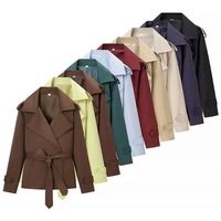Jaket Trench Pendek Wanita Warna Solid, Berikat Pinggang, Lengan Panjang, Kerah Lipat, Kasual, Serbaguna, Pakaian Luar Sehari-hari