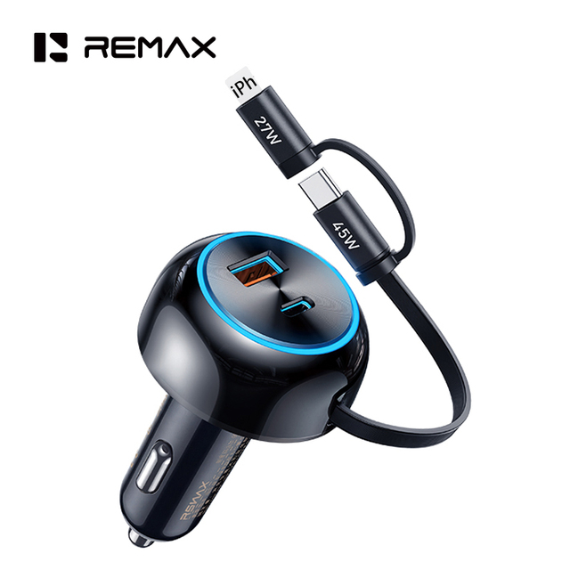 REMAX CC10 90W Car Charger Retractable USB C Fast Charging 4 Port PD45W Cigarette Lighter Adapter Built-in 80cm Type C Cable