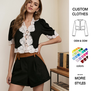 Blusa Feminina Elegante com Renda Curta, Decote V, Manga Bufante e Caimento Justo - Product Image 1