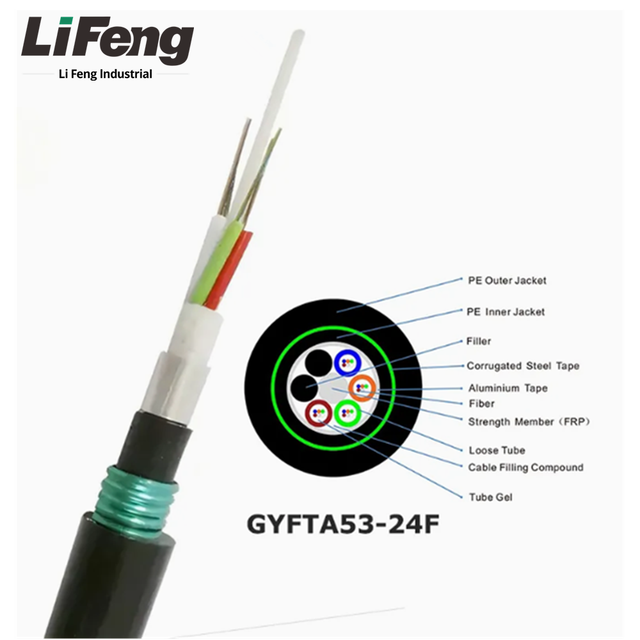 Outdoor Single Mode Optical Fiber Cable GYFTA53 (LiFeng) for Aerial/Duct Direct Buried Use PE Outer Sheath SC Connection