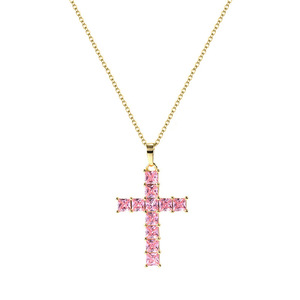 Ciondolo a Croce Placcato Oro con Cristallo Rosa Taglio Principessa, Montatura a Griffe, Religioso, Unisex, per Uso Quotidiano - Product Image 1