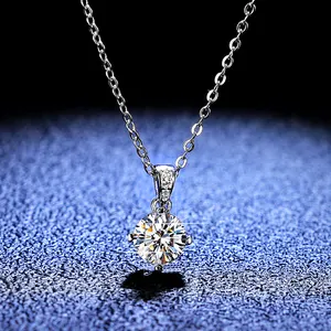 Luxury Fine Jewelry S925 Sterling Silver Round Cut Created Diamond Moissanite Gemstone Necklace Engagement Pendent Necklace