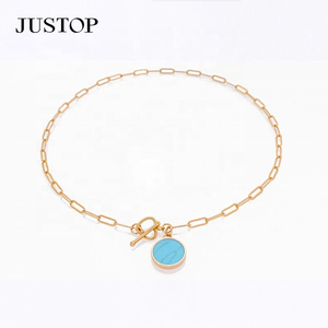 Collar de Moda con Colgante de Moneda Turquesa y Cadena de Eslabones con Hebilla en Forma de Corazón, Chapado en Rodio, de Acero Inoxidable Ecológico para Mujer - Product Image 6