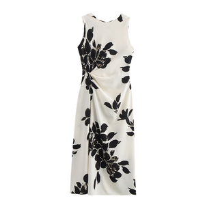 Robe midi décontractée tissée à imprimé floral numérique, antistatique et lavable, avec taille naturelle - Product Image 1
