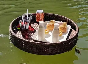 Custom Hotel Round Rattan Brunch Floating Breakfast Tray For Swimming Pool Floating Pool Tray For Food And Drinks Serving Trays