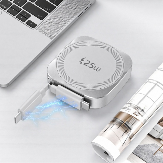25W Magnetic Wireless Fast Charger with 70cm Retractable Type-C Data Cable Portable Fast Charging Pad for iphone 17 16 15