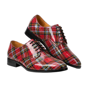 Zapatos Oxford de cuero genuino con diseño tartán rojo, con cordones, punta redonda, suela de goma, para hombre, para oficina, bodas, fiestas, eventos formales y negocios. - Product Image 1