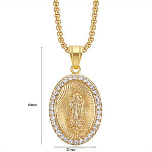 Hip Hop Religioso Titanio Acero Joyería Rhinestone CZ Blessed Saint Hail Virgen María Colgante Collares - Product Image 6