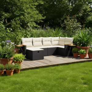 Conjunto de sofá de jardín negro y crema, muebles de exterior de ratán sintético, cojín impermeable, diseño contemporáneo - Product Image 2