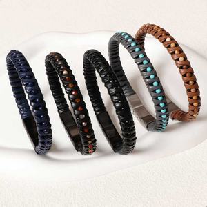 Pulsera Unisex de Moda, Hecha a Mano, con Cuentas de Ojo de Tigre y Cuerda Trenzada Multicapa, de Cuero, Personalizada, por JUSTOP, Hecho en China, MOQ 30 - Product Image 4