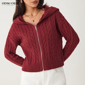 เสื้อโค้ทไหมพรมซิปแฟชั่นฤดูใบไม้ร่วง เสื้อคาร์ดิแกนไหมพรมถักแบบสั่งทำพิเศษสำหรับผู้หญิงมีฮู้ด - Product Image 3