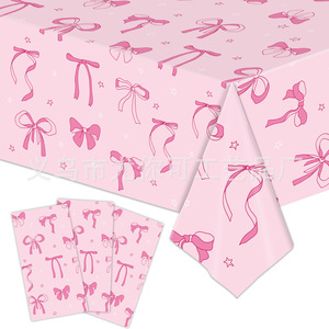 Bow <b>Pattern</b> Disposable Tablecloth Pink For Birthday Party Decoration Kids Girl Event Plastic <b>Paper</b> Cover - Product Image 1