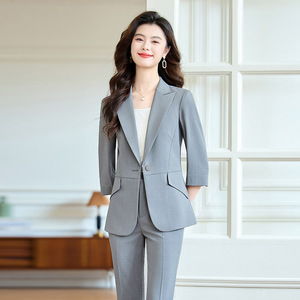 Women's Suit Set Gray Three Quarter Sleeve Office Lady Spring Anti-Wrinkle Polyester Worsted Fabric - Product Image 1
