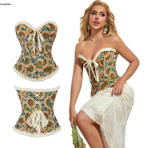 12 lische di pesce sostenute rinascimentale Korset anteriore Busk dietro in pizzo bendaggio Bustier giallo stampa floreale con <span class=keywords><strong>corsetto</strong></span> arricciato Top da donna - Product Image 1