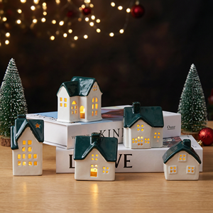 Custom Ceramic Houses Ornaments <b>Led</b> Candle <b>Light</b> Indoor Tabletop White Christmas Modern Decoration Ceramic Village Houses - Product Image 1