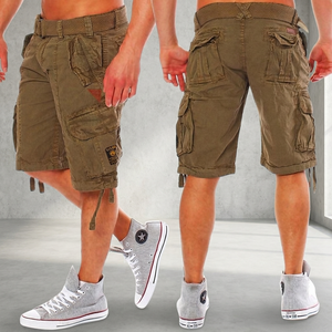 Shorts cargo vert olive pour homme, taille mi-haute, en toile de coton respirante, style streetwear décontracté - Product Image 2