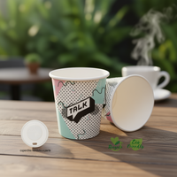 Gobelet en papier cylindrique jetable écologique et recyclable de 180 ml (6 oz) avec couvercle à rabat, motif de dessin animé, design moderne, pour fêtes, marque blanche