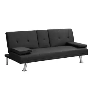 Современный диван-кровать Futon из искусственной кожи со съемным подлокотником, металлические ножки, подставки для чашек, черная регулируемая спинка с 3 уровнями