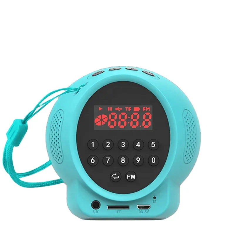 Mini caixa de som portátil, alto falantes, controle remoto infravermelho, woofer, relógio digital pequeno, rádio fm, dente azul