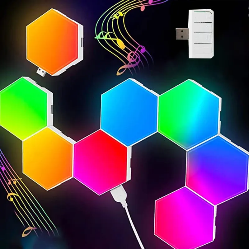 Diy Rgb Led kuantum lamba akıllı altıgen modüler ses aydınlatma ses kontrollü duvar dekorasyon paneli gece lambası