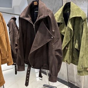 Veste en Cuir Véritable pour <span class=keywords><strong>Femme</strong></span> Automne 2025, Manteau Ample en Peau de Mouton Vintage, Blouson en Daim Marron Foncé - Product Image 4