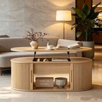 Meilleure Vente : Table Basse Ovale en Bois Cannelé avec Plateau Relevable, Rangement et Porte Tambour Coulissante, Table Centrale de 39 pouces