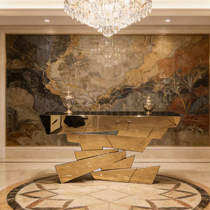 Table <span class=keywords><strong>console</strong></span> en pierre créative de haute qualité avec miroir, cadre en acier inoxydable doré, plateau en marbre, meuble d'entrée, salon - Product Image 3