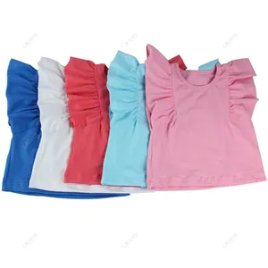 Solid color children ruffled round neck floating sleeve girls top sleeveless shirt