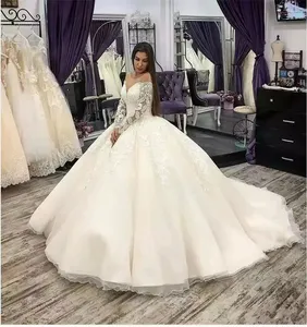 New Pompadour Skirt Wedding Dress Long-sleeved White Lace One-line Shoulder Long Style Bridal Mopping Wedding Dress