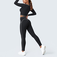 Conjunto de Yoga para Mujer, con Ribete en Contraste, Manga Larga, Leggings de Cintura Alta con Efecto Levanta Glúteos, 2 Piezas, Ropa Deportiva para Gimnasio
