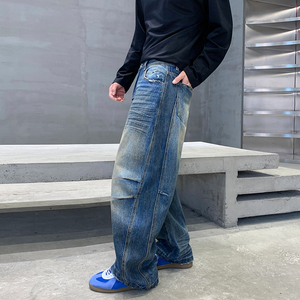 <span class=keywords><strong>Pantaloni</strong></span> in Denim Stile Americano con Effetto Glitterato e Consumato, <span class=keywords><strong>Pantaloni</strong></span> Larghi da Uomo con Gamba Curva, <span class=keywords><strong>Pantaloni</strong></span> di Tendenza di Marca High Street - Product Image 4