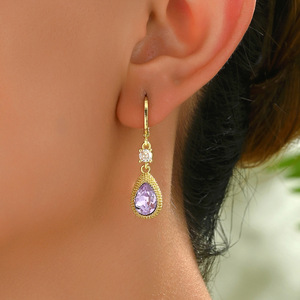 Water Drop Shape Gold Plated Amethyst Dangle <b>Earrings</b> For Party Women Fashion Jewelry Bezel Setting Stainless Steel Ear <b>Post</b> - Product Image 2