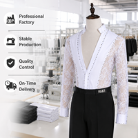 Chemise de danse latine/de salon pour homme à manches longues, en fibre de polyester antibactérienne, avec dentelle ornée de strass et empiècements multicolores