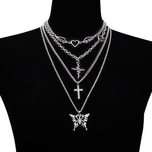 Ensemble de colliers superposés avec pendentif croix papillon et cœur, couleur argent, multi-chaînes, bijoux de mode pour femmes - Product Image 5