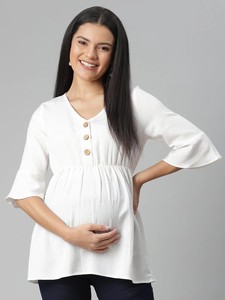Blusa <span class=keywords><strong>de</strong></span> Maternidad para Oficina, Spandex/Algodón, Blanca, Cuello en V, <span class=keywords><strong>Botones</strong></span> al Frente, Manga con Vuelo, Transpirable, para Lactancia, Verano - Product Image 3