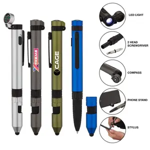 Gran Venta de diseño elegante multifunción 6 en 1 soporte para teléfono Stylus Compass luz LED HERRAMIENTA pluma para actividades al aire libre pluma personalizada