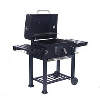 Barbecue au charbon de bois en acier inoxydable sur chariot mobile avec tables latérales pour extérieur