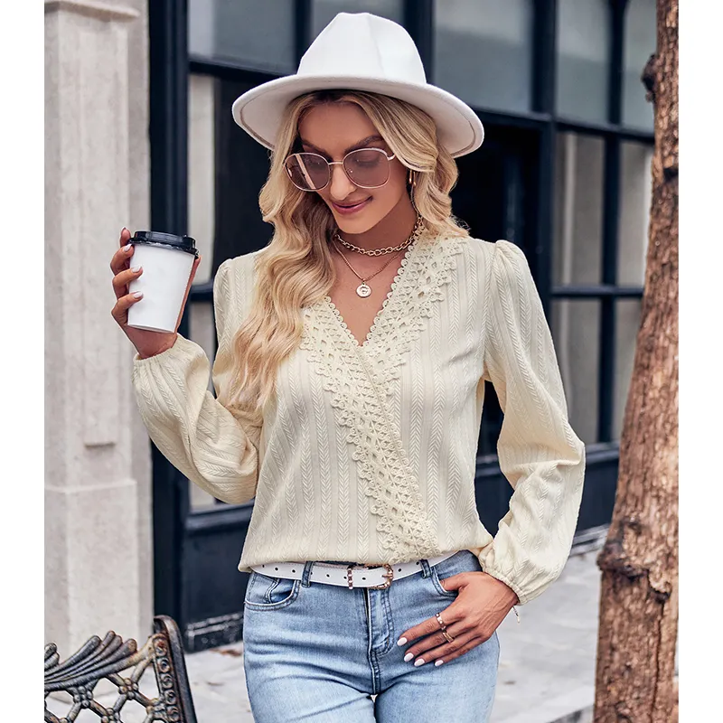 Women Lace Loose Blouse Long Sleeve Shirt 2023 Autumn Ladies V Neck Collar Elegant Blouse Woman Tops Femme