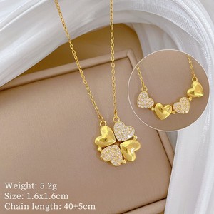 Collier en acier inoxydable style sportif avec chaîne en bambou pour femme, nouveau modèle, double port, ouverture et fermeture cœur à cœur, fleur à quatre feuilles - Product Image 3