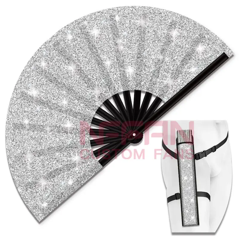 Hot Sale Glitter Folding Bamboo Hand Fan with Holster Silver Golden Black Clack Fabric Fan for Rave Festivals Accessories