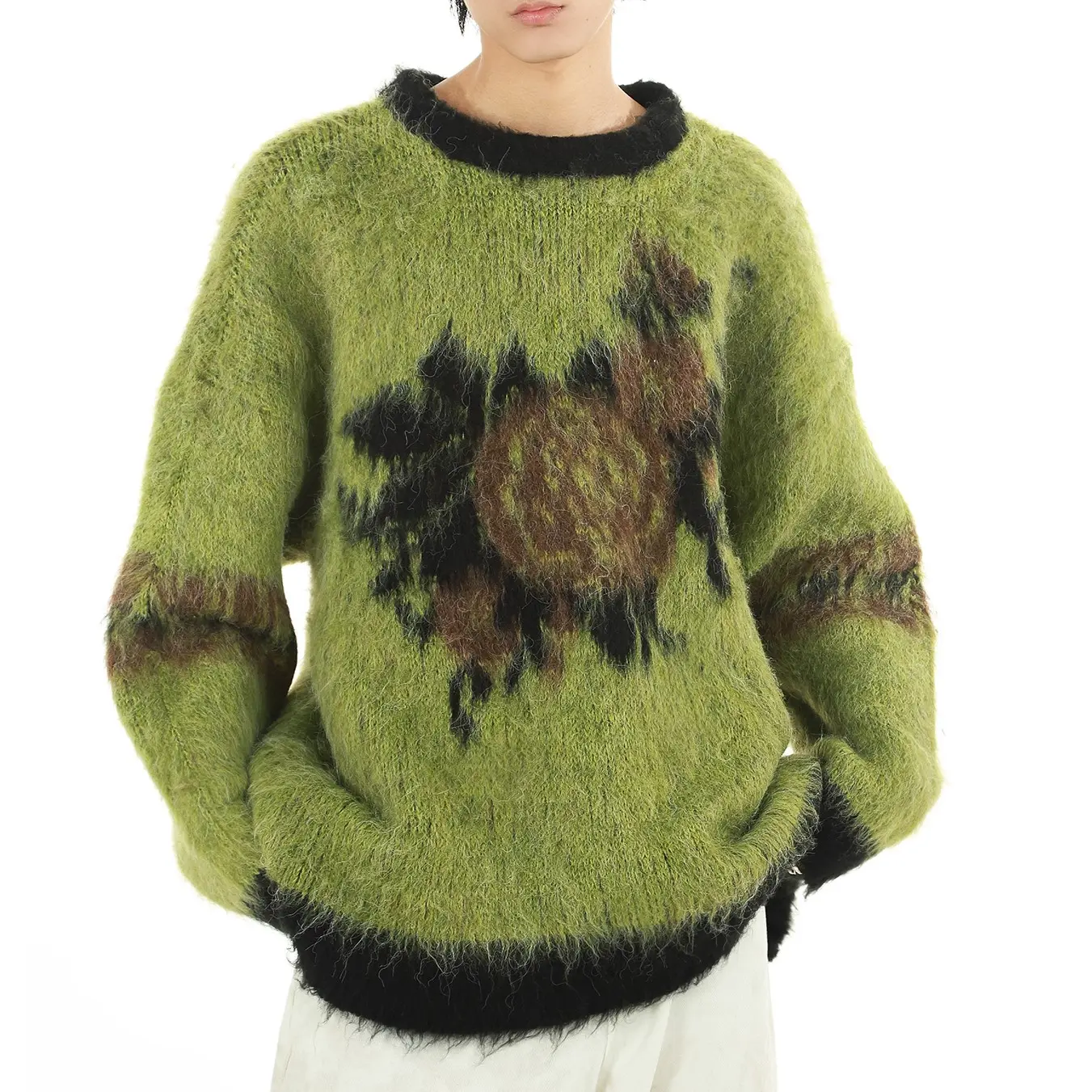 Custom LOGO OEM & ODM Mohair Sweater Men Jacquard Knitwear Crew Neck Knitted Winter Fuzzy Knit Sweater For Men
