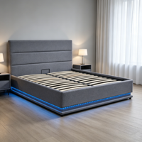 Cadre de lit moderne rembourré en lin avec vérin à gaz, éclairage d'ambiance LED et sommier à lattes, disponible en tailles King et Queen, mobilier de chambre