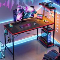 Bureau de jeu rectangulaire en fibre de carbone noire AJUNION, bureau à domicile avec éclairage LED RGB, bureau d'ordinateur avec 4 étagères de rangement et un crochet