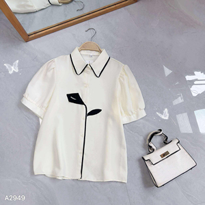 Women Short-Sleeve <b>Shirt</b> with Black Lily Applique <b>Office</b> Casual Solid Top Modal Material Regular Work Occasion - Product Image 2