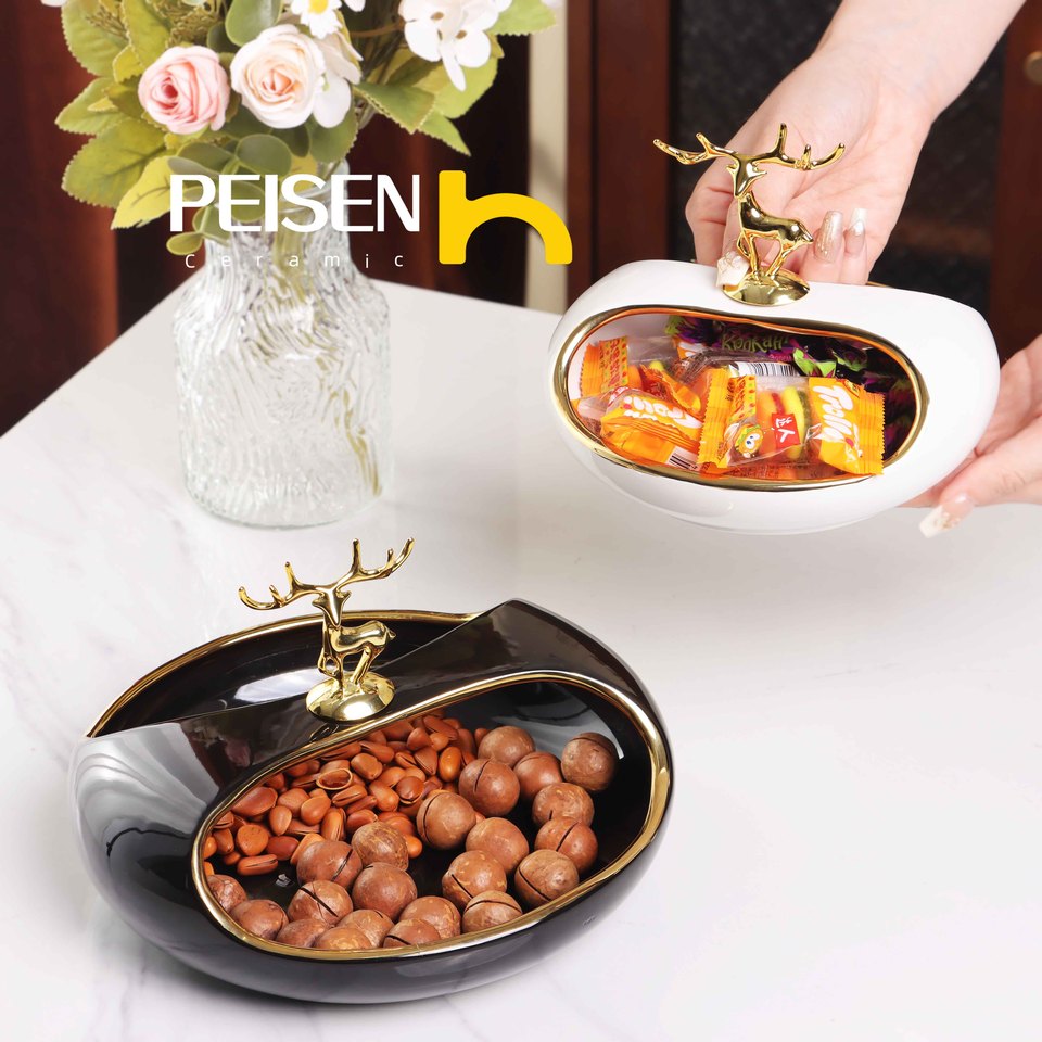 In Stock Ceramic Fruit Tray New Light Luxury Black And White Household Living Room Ceramic Storage Basket Snack Candy Tray