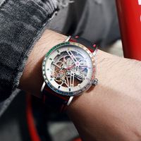 Montre mécanique squelette pour homme Dulunwe 6057B, lunette en cristal arc-en-ciel, bracelet en silicone, montre-bracelet squelette creuse de luxe pour homme