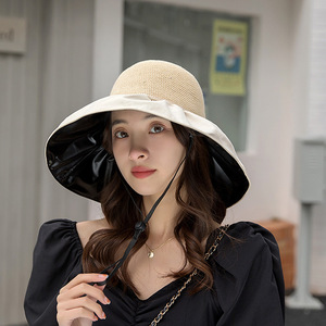 Women Summer Sun Hat Wide Brim Bow Korean Style Foldable Fisherman Hat Upf 50 Anti Uv Protection Solid Color Cotton - Product Image 4