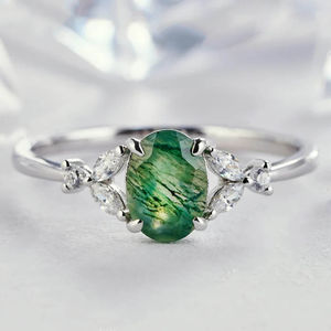 Bague de fiançailles vintage pour femme en argent 925, agate verte mousse, tendance avec brindilles et feuilles, plaqué rhodium pour mariages et fêtes - Product Image 6