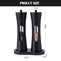Moulins à sel et à poivre manuels en acrylique noir de 8 pouces, rechargeables, avec broyeur en céramique réglable et plateau en bois